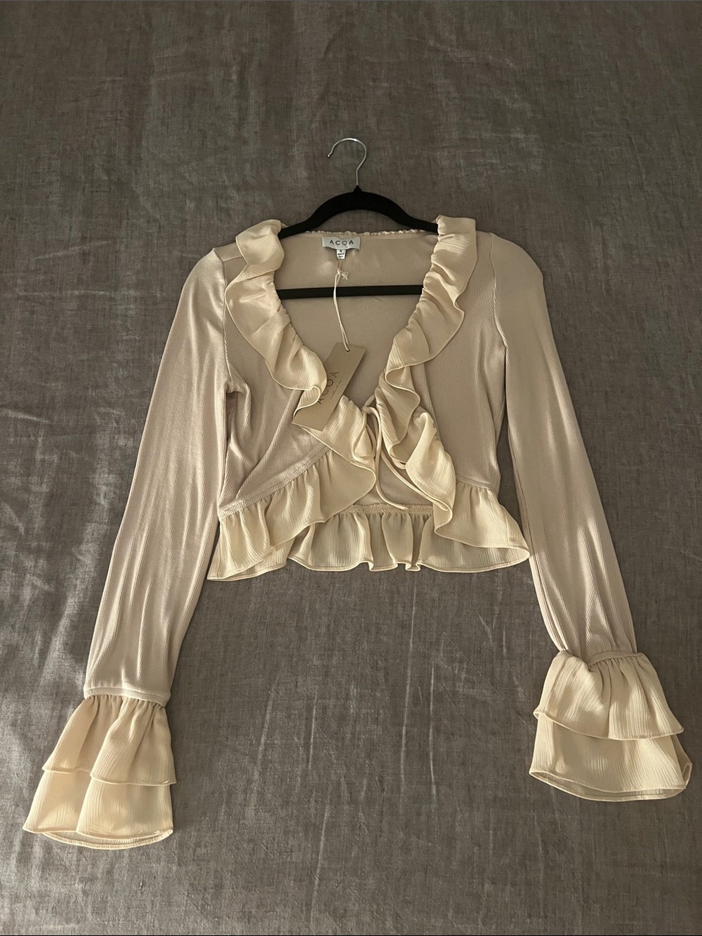 ACOA Cream Ruffle-Front Long Sleeve Blouse